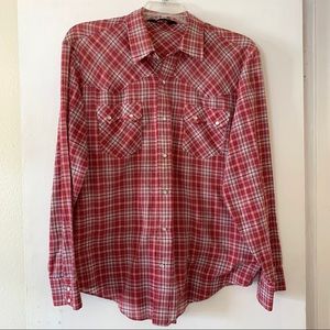 Vintage 80s Levi's Mens XL Western Shirt Pearl Snap Plaid Red Blue Long Sleeve